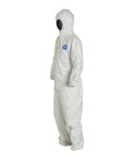 Angular view of Disposable Protective Coverall With Respirator Fit Hood And Elastic Cuffs For Non Hazardous Particles White X Large 6 Pack