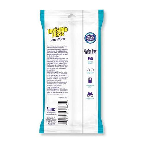 Back of package for Invisible Glass 90060 lens cleaning wipes, 16-count, white pouch with blue side panels.