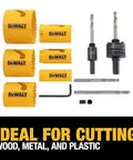 DeWALT Bi-Metal Hole Saw Kit; four yellow hole saws with arbors and drill bits (front view).