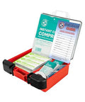 Front view of Be Smart Get Prepared First Aid Kit red compact case, open with 100-piece contents and guide.