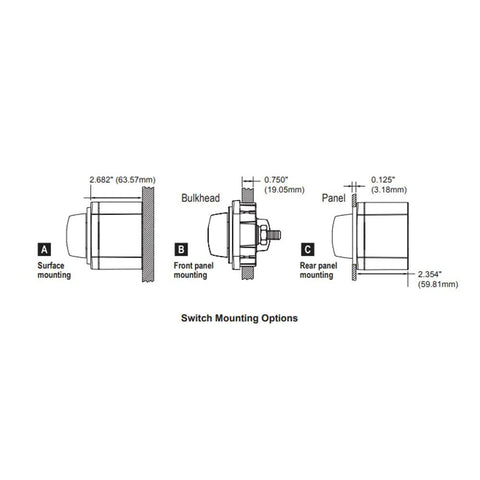 Blue Sea Systems 6006 m-Series battery isolator switch mounting options diagram showing surface, front, and rear mounts