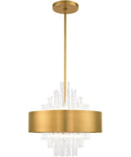 Absolute Flex Eight Light Natural Brass Pendant Chandelier With Sculpted Drum Shade And Dazzling Clear Crystal Rods For Upscale Living Areas That Turn Heads On A Dime, featuring a natural brass finish and glass rod accents.