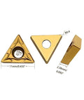 Gold triangular carbide turning inserts TCMT21.51 with center hole Ø6.35 mm, 11 mm base, 2.38 mm thick, R0.4 radius; set of 3