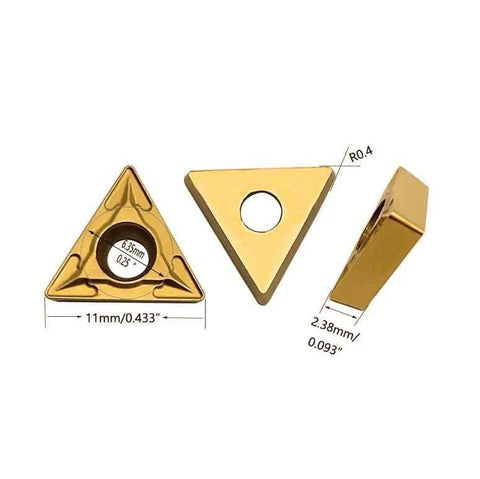 Gold triangular carbide turning inserts TCMT21.51 with center hole Ø6.35 mm, 11 mm base, 2.38 mm thick, R0.4 radius; set of 3