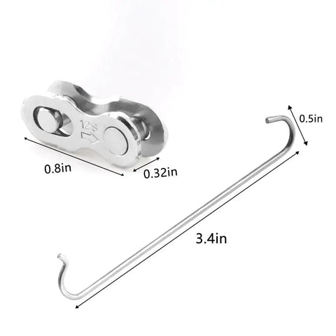 8 Pack 12 Speed Bike Chain Quick Link Set For Mountain And Road Bikes Reusable Steel Missing Link With Chain Hook Durable Carbon Steel Silver Finish Easy Install Long Lasting Chain Repair Kit, showing a quick link with dimensions and a chain hook.