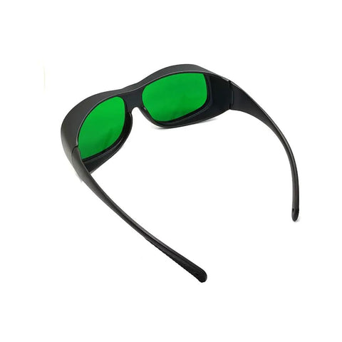 Hella Super Slick Dual Wave Laser Blocking Shades For Red And Infrared Beams Wavelengths Od3 Plus And Od5 Plus, black frame with green lenses.