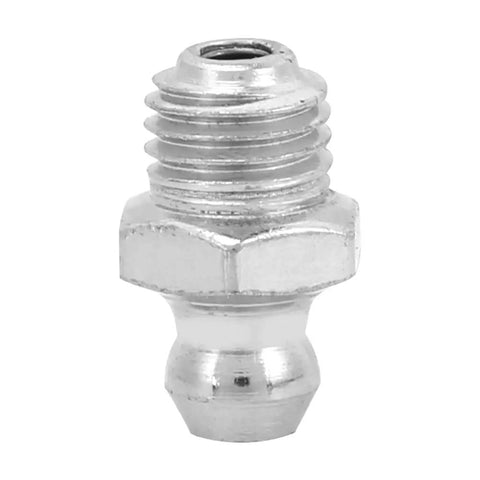 Single plated steel M8 straight grease nipple from 10 Pack Grease Nipple Fittings In Plated Steel, Leak Proof M8 Straight, For Automotive, Motorcycle And Industrial Equipment, Durable Lubrication Connectors That Fit Most Grease Guns, Easy Attach, No Mess, Long Lasting