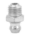 Close-up of M8 straight grease nipple fitting, nickel-plated, for grease guns, part of 10 Piece Grease Nipples Fittings M8 Straight For Grease Guns Auto Motorcycles And Industrial Use With Rolling Bead Design Durable 10 Pack For Lubrication Fittings In Industrial Machinery Easy Install And Durable For Pistons.