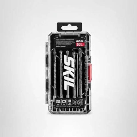 Front view of SKIL 10-piece hex shank carbide hammer drill bit set in clear case