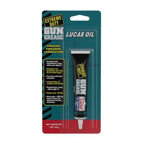 Lucas Oil Extreme Duty Gun Grease 1 oz tube, front view in teal blister pack