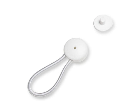 White fastener clip and looped bungee cord from a 4-pack of 8-Inch White Shock Cord And Fastener Clips For Canvas Covers.