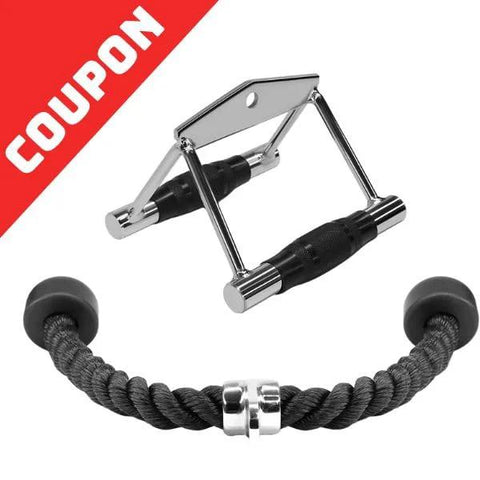 Yes4All combo double D handle and tricep rope, chrome D-handle ends with braided black rope, 2-piece set.