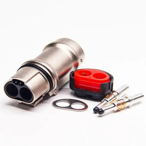 Heavy Duty 2 Pin 35A Electric Vehicle Connector With Metal Shell And IP67 Waterproof Sealing For EV HEV High Voltage Systems, showing metal connector and components.