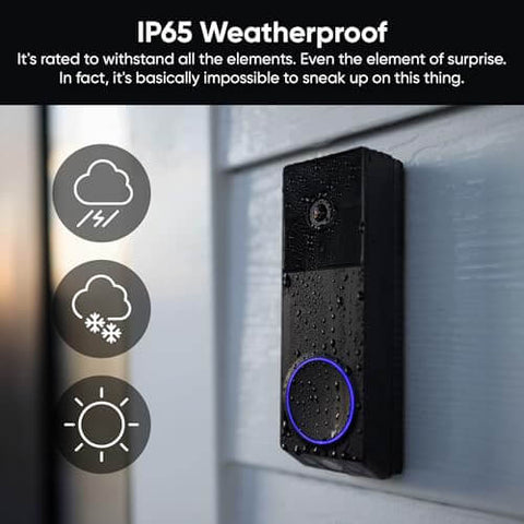 Wireless Duo Cam Video Doorbell with Chime Included, Battery Powered, 2K Full HD, weatherproof installation on a wall.