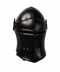 Old School Visored Barbuta Black Helmet For LARP SCA Cosplay Medieval Knight Templar Viking Battle Armor Barbute Helmet With Inner Liner 18 Gauge Steel Pre Oiled Finish Authentic Historic Look For Men.