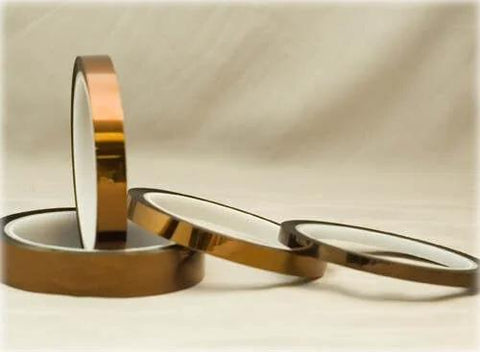 Four rolls of Half Inch Kapton Tape 36 Yards High Temperature Polyimide 1 Mil Film With 1.5 Mil Silicone Adhesive showcased on a neutral background.