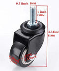 Close-up of Four M8x25mm PU Rotating Caster showing dimensions, 360 Degree Swivel with TPE Soft Rubber, no brakes, heavy duty