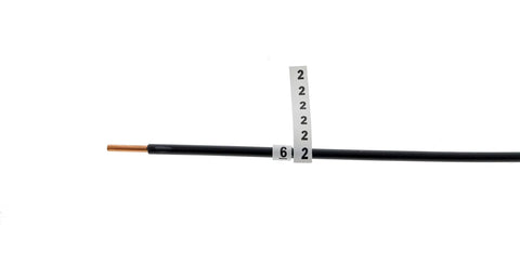 Pro Grade Wire Labeling Booklet With 0 Through 9 Legend, 45 Markers on cable, showing number 2 label applied.