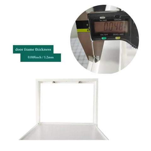 Heavy Duty Metal Access Panel 18 X 24 Inch Spring Loaded Drywall Cover measuring 0.048 inch frame thickness with caliper.
