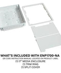 Straight Up Zero Clutter In Wall Media Box components, 17 Inch white media enclosure, trim ring, and split cover.