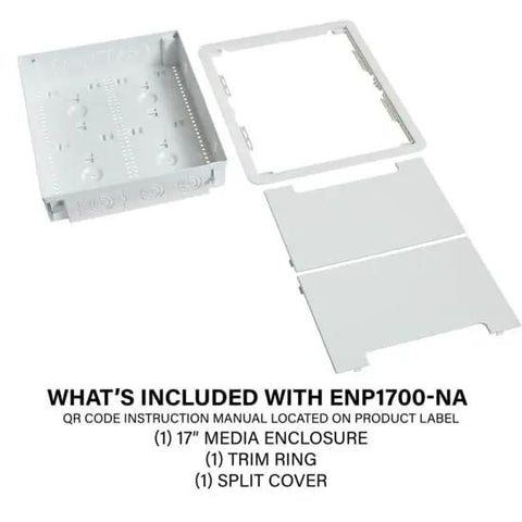 Straight Up Zero Clutter In Wall Media Box components, 17 Inch white media enclosure, trim ring, and split cover.