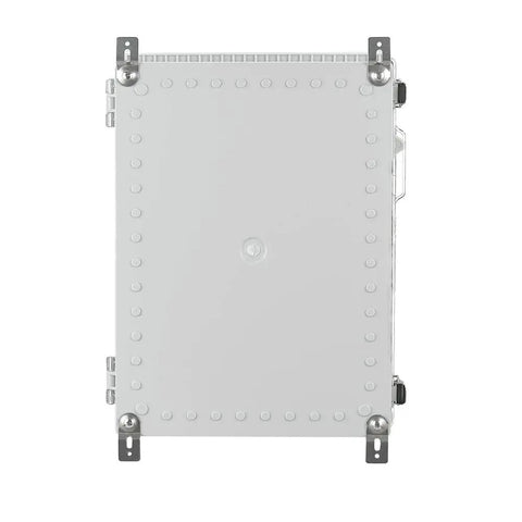 Top view of Rugged Large Waterproof Electrical Enclosure Box IP67 Outdoor Junction Box with clear cover and stainless steel hardware.