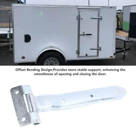 12 Inch Metal Offset Bent Strap Trailer Door Hinge For Side Doors And RVs Universal Fit Shown Against Enclosed Cargo Trailer
