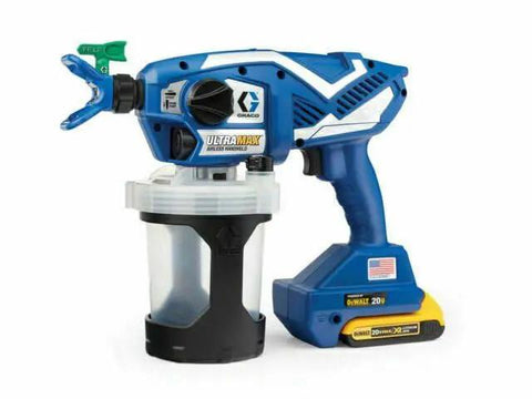 Pro Grade Cordless Airless Handheld Paint Sprayer Featuring Triax Triple Piston Pump, 20V battery, for drywall and deck staining.