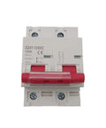 Heavy Duty Miniature Dc Circuit Breaker Two Pole 125 Amp 250 To 500 Volt Rating 6 To 10 Ka Capacity showing front view with clear labeling.