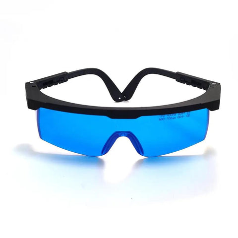 Heavy Duty Laser Safety Goggles For He Ne 632nm Red Beams Offering Hella Eye Shielding And Rock Solid Blue Tinted Lens With OD Plus 4 Dark Density Rating For Professional Lab Work, front view.