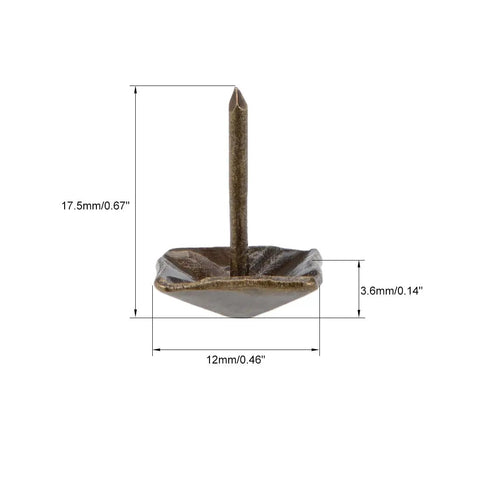 Hella Sharp Heavy Iron Bronze Upholstery Nails And Furniture Tacks Featuring Square Head Design For Antique Home Decor Sofa Backboards And Chairs 40 Count, 12mm square crown, 17.5mm shaft.