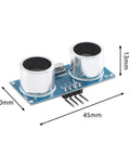Front view of 5-Pack HC SR04 Ultrasonic Ranging Module Plus with UART I2C and 1-Wire Support, 45mm x 20mm x 13mm dimensions.