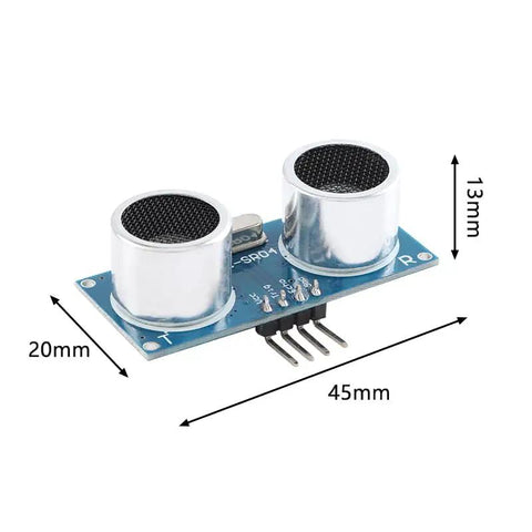 Front view of 5-Pack HC SR04 Ultrasonic Ranging Module Plus with UART I2C and 1-Wire Support, 45mm x 20mm x 13mm dimensions.
