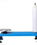 Manual Pallet Stretch Wrap Machine With 30 Cm Turntable And Quick Single Rod Dispenser Tool For Heavy Duty Industrial Packing on a blue base.