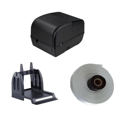 Heavy Duty Thermal Transfer Label Printer With Smooth 200 DPI Output And Zero Sweat Quiet Hustle Plug And Play Usb Lan Serial Port Setup For Wash Care Tags Jewelry Barcode Shipping Roll, includes printer, roll holder and label roll.
