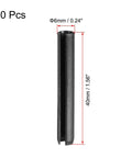 Image of 6mm x 40mm plain finish slotted spring pin from a 20-piece kit, shown vertically, made of 65Mn steel for various repairs.