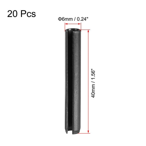 Image of 6mm x 40mm plain finish slotted spring pin from a 20-piece kit, shown vertically, made of 65Mn steel for various repairs.
