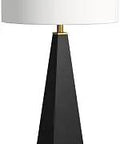 Elle Table Lamp With Triangular Glossy Black Base for Modern Living Rooms and Desks, featuring a white shade and gold accents.