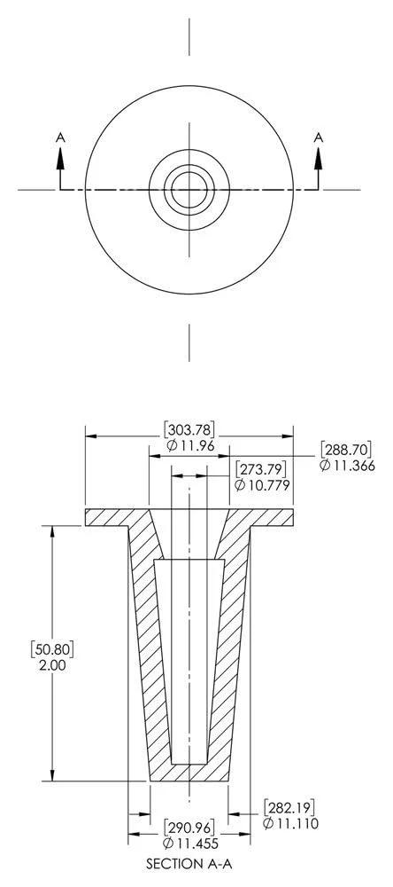 Caplugs T-1146 T Series plastic tapered cap and plug; top view and sectional side view with dimensions.