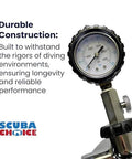 Scuba Choice DIN tank pressure gauge with stainless steel body, front view; logo visible.