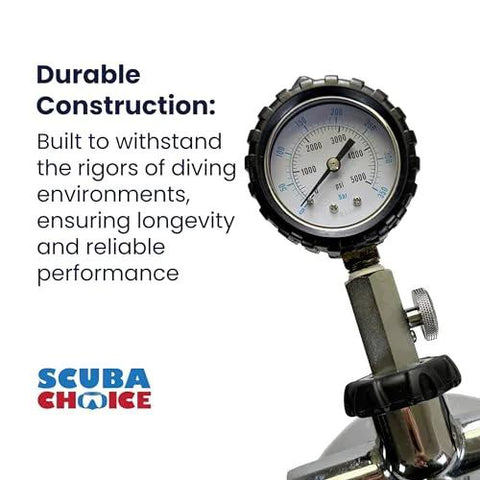 Scuba Choice DIN tank pressure gauge with stainless steel body, front view; logo visible.
