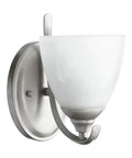Powell Collection Four-Light Bathroom Vanity Fixture In Classic Nickel Finish, curved arm and frosted glass shade detail