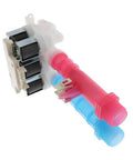 Easy Fit Washing Machine Water Inlet Valve Replacement Part For Most Standard Washers With Universal Fit, Durable Dual Material Valve Assembly That Is Plastic Housing And Metal Components, Simple Installation. Pink and blue washer water inlet valve with plastic housing and metal coil components