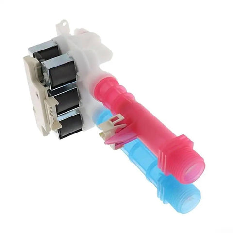 Easy Fit Washing Machine Water Inlet Valve Replacement Part For Most Standard Washers With Universal Fit, Durable Dual Material Valve Assembly That Is Plastic Housing And Metal Components, Simple Installation. Pink and blue washer water inlet valve with plastic housing and metal coil components