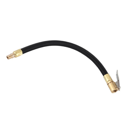 Heavy Duty Rubber Tire Inflator Hose Rated To 300 Psi with brass adapter and clamp for quick tire inflation.