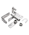 Stainless steel double swing door hinge set for cafe, bar or saloon doors with self-return feature and high load-bearing capacity.