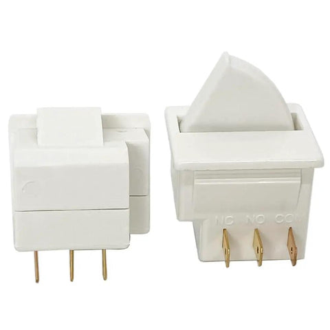 Two Pack 3 Pin Refrigerator Door Light Switches, Momentary Fridge Switches With Brass Contacts, 125V/250V AC, 2.5A At 250V Or 6A At 125V, Includes NC And NO Contacts, Easy Replacement For Fridges, shown front and side view