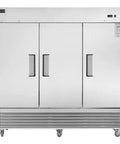 Rock Solid 82 Inch Wide Commercial Reach In Freezer With Three Doors And 72 Cubic Feet Capacity Stainless Steel with handles on front.