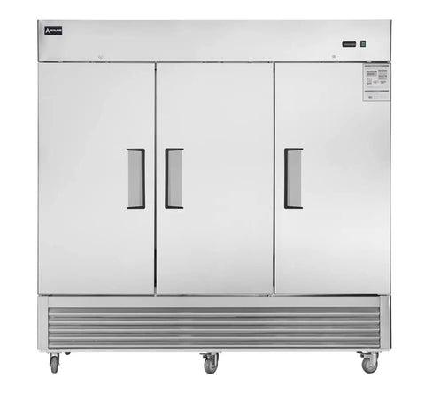 Rock Solid 82 Inch Wide Commercial Reach In Freezer With Three Doors And 72 Cubic Feet Capacity Stainless Steel with handles on front.