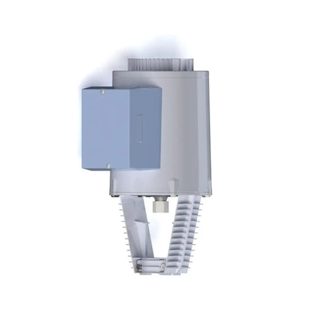 Electronic Hydraulic Valve Actuator With Built In Manual Adjuster And Led Position Gauge For Siemens Hkb60 Mkb60 top view with blue control box.